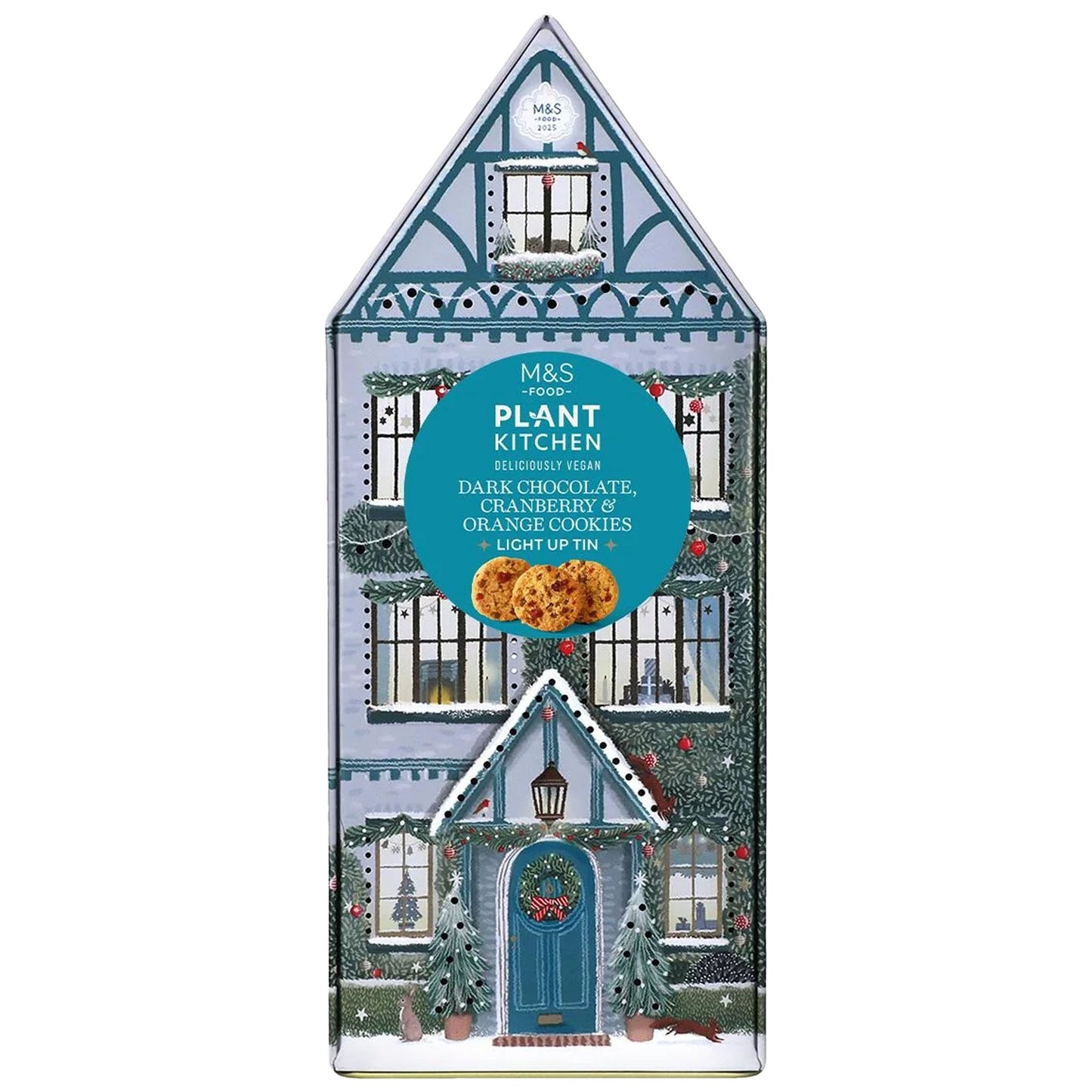 M&S Plant Kitchen Dark Chocolate, Cranberry & Orange Cookies Light Up Tin 200g - Blighty's British Store