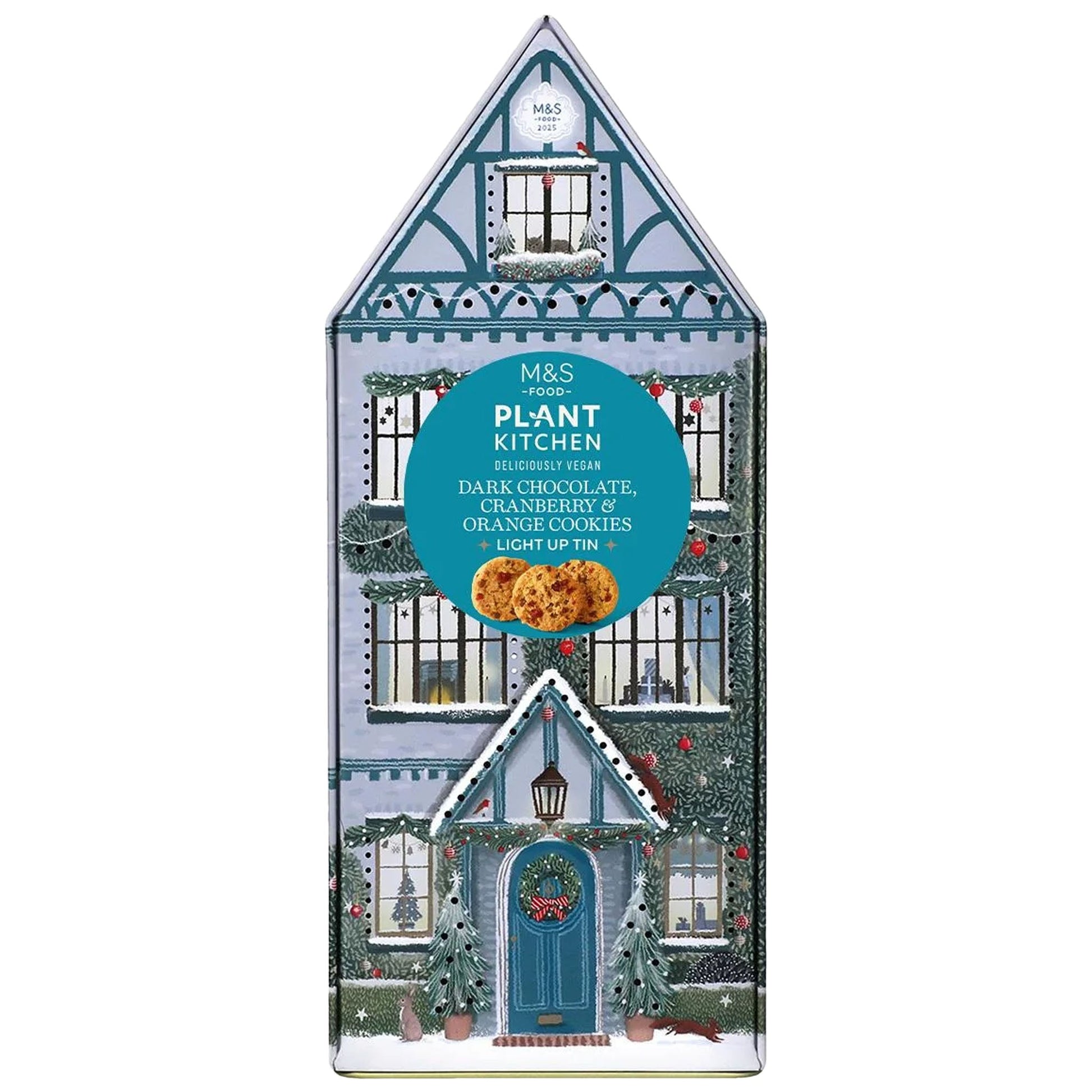 M&S Plant Kitchen Dark Chocolate, Cranberry & Orange Cookies Light Up Tin 200g - Blighty's British Store