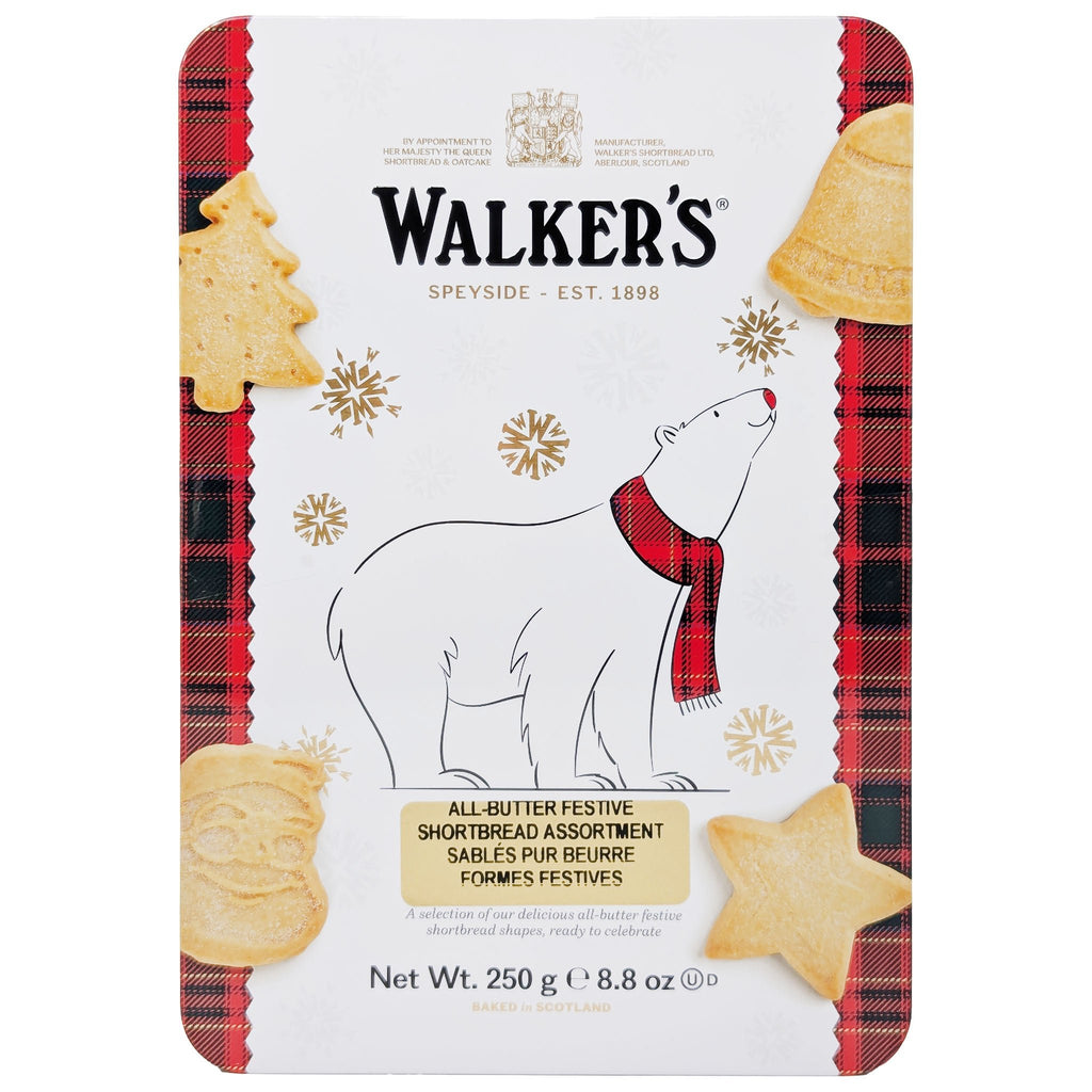 Walker's Pure Butter Shortbread Festive Shapes Polar Bear Tin 250g - Blighty's British Store